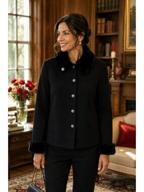 St. John Collection Womens Black Button-Up Jacket Size 14 With Faux Fur Collar &